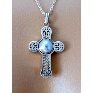 Vtg Sterling Silver Filigree Cross Pendant with Bezel Set Mabe Pearl
